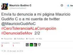 Gudiño pide a usuarios que utilicen el 'hashtag' #DenunciaSeMov para tener un eje común de los mensajes. TWITTER / @MauricioGudinoC