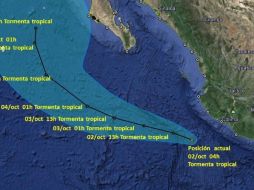 El SMN informó que las 04:00 horas el fenómeno se encontraba a 215 kilómetros de la costas de Colima. TWITTER / @conagua_clima