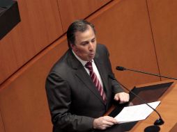 Meade Kuribreña comparece ante el Pleno del Senado como parte de la Glosa del Segundo Informe de Gobierno. NTX / B. Moncada