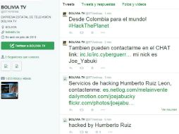 Un hacker colombiano interviene la cuenta de Twitter de la televisora boliviana. TWITTER / @BTVenlinea