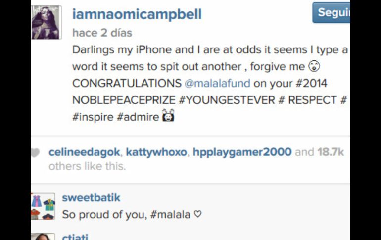 Campbell después tuiteó una disculpa, echándole la culpa al autocorrector de su iPhone. INSTAGRAM / @iamnaomicampbell