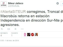 Por medio de su cuenta de Twitter, SITEUR reportó también algunas agresiones. TWITTER / @SITEURJAL