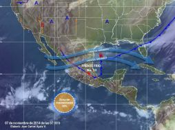Las zonas de tormentas pueden generar relámpagos, granizo, fuerte viento y probable formación de torbellinos en entidades señaladas. ESPECIAL / smn.cna.gob.mx