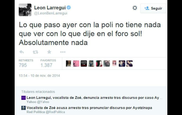 El músico escribió que lo ocurrido no tenía nada que ver con el discurso. TWITTER / @LeonBenLarregui