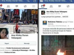 La publicación la realizó al subir una fotografía de la quema de la puerta Mariana de Palacio de Gobierno. FACEBOOK / Ana Alidey Durán Velásquez