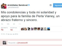 'Mis condolencias y toda mi solidaridad y apoyo para la familia de Perla Vianey', escribe el mandatario. TWITTER / @AristotelesSD