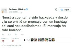 Alrededor de las 21:00 horas, la dependencia informó que su cuenta había sido intervenida ilegalmente. TWITTER / @SEDESOL_mx