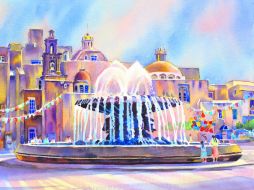 La fuente se caracteriza por su escultura central que remata en una concha enorme de la que se desploma la cauda de agua.  /