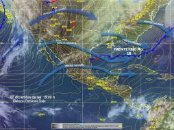 De acuerdo con estimaciones hechas para mañana lunes, el sistema frontal número 18 se desplazará al sureste de México. TWITTER / @conagua_clima