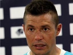 El jugador uruguayo durante la rueda de prensa ofrecida en el Estadio Olímpico Universitario tras el entrenamiento de hoy. NTX / C. Báez