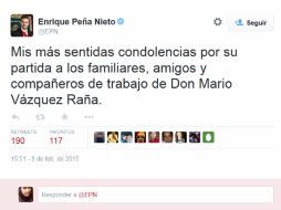 El Mandatario escribió en su cuenta de Twitter sobre el lamentable fallecimiento de Vázquez Raña. TWITTER / @EPN