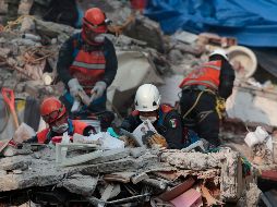 Varios rescatistas revisan objetos encontrados en la búsqueda de más sobrevivientes en los condominios de Tlalpan.