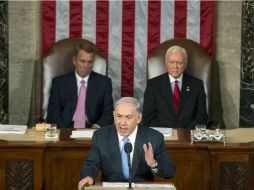 El primer ministro israelí, Benjamin Netanyahu pronuncia su discurso ante el Congreso en el Capitolio de Washington. EFE / M. Reynolds