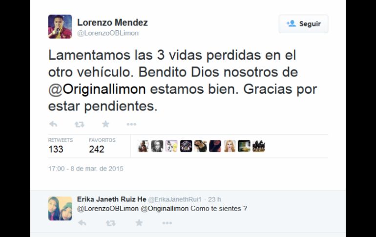 El vocalista de la banda escribió en su cuenta de Twitter sobre el accidente. TWITTER / @Originallimon