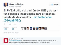 Gustavo Madero utilizó su cuenta de Twitter para externar sus quejas. TWITTER / @GustavoMadero
