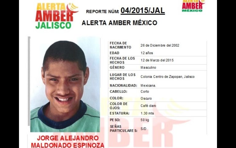 Información oficial proporcionada por las autoridades para dar con el paradero del menor. ESPECIAL /