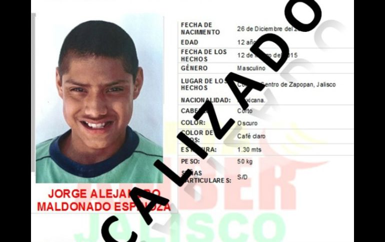 Jorge Alejandro Maldonado Espinoza, de 12 años de edad, fue localizado. ESPECIAL /