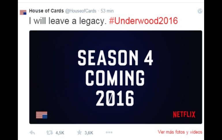 El anuncio oficial causa entusiasmo entre los seguidores de la serie. TWITTER / @HouseofCards