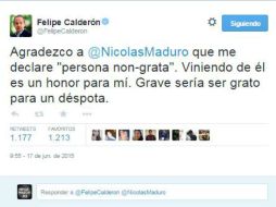 El ex presidente responde al ser nombrado persona ''non grata'' en Venezuela. TWITTER / @FelipeCalderon
