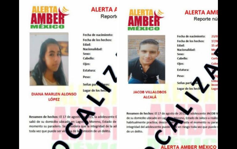 Diana Marlen Alonso López, de 14 años, y Jacob Villalobos Alcalá, de 15, ya fueron localizados. ESPECIAL / Fiscalía General de Jalisco