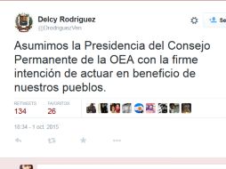 La canciller venezolana, Delcy Rodríguez escribió en su cuenta de Twitter varios mensajes sobre el cargo. TWITTER / @DrodriguezVen