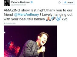 El texto sirvió para acompañar una imagen de Anthony cantando en pleno show. TWITTER / @victoriaBeckham