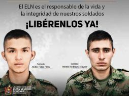 Las fotos de los militares Andrés Felipe Pérez y Clayder Antonio Rodríguez, fueron entregadas a medios locales. TWITTER / @COL_EJERCITO