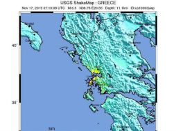 Mapa facilitado por la Agencia de Supervisión Geológica de EU que muestra la localización del terremoto que sacudió a Lefkada. EFE /