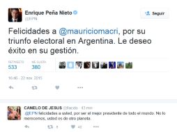 Peña Nieto también le deseó éxito en su gestión a Mauricio Macri. TWITTER / @EPN
