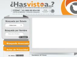El portal permite revisar los registros de personas desaparecidas por entidad federativa, edad, sexo, y nombre. ESPECIAL / app.cedac.pgr.gob.mx