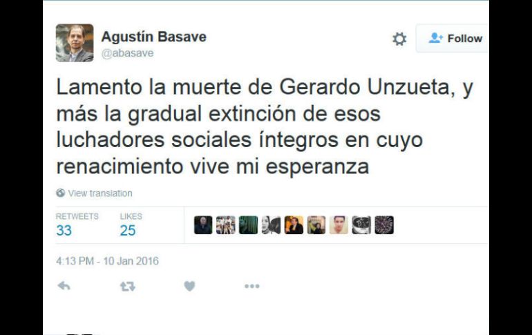 Agustín Basave, líder nacional del PRD, expresó en su cuenta de Twitter su pesar por el deceso. ESPECIAL / Twitter