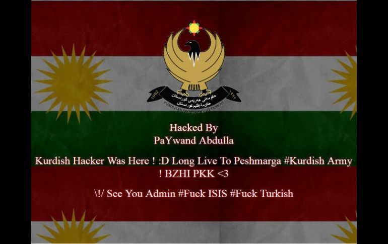 Con el emblema y la bandera del gobierno de Kurdistán, PaYwand Abdulla advierte que en la página estuvo un 'hacker' kurdo. ESPECIAL / amc.edu.mx