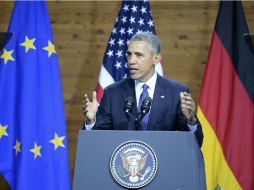 El presidente de Estados Unidos durante su discurso en el marco de la Feria de Hannover. EFE / S. Gollnow