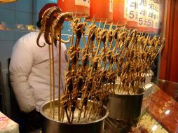 Escorpiones, caballitos de mar y otros bichos ensartados en finas varitas daban la bienvenida a los atrevidos comensales. ESPECIAL /