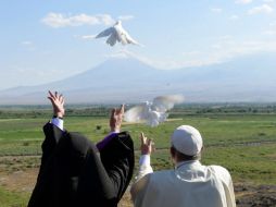 Libera las palomas en dirección a la frontera con Turquía, en un gesto de paz y reconciliación. AFP / HO