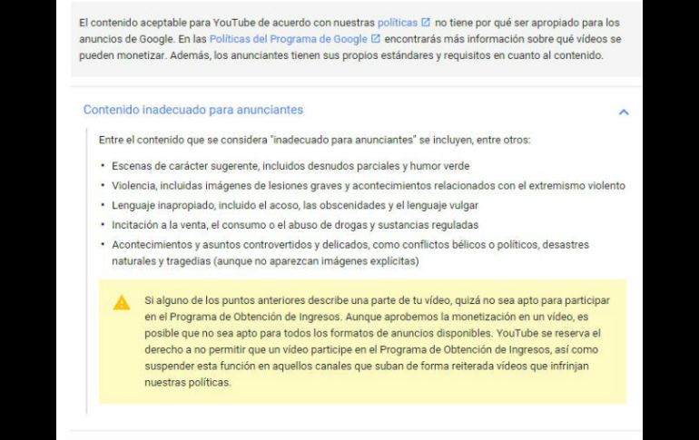Según las nuevas normas de la plataforma de videos, escenas sugerentes, violentas y de lenguaje vulgar son inapropiados. ESPECIAL / support.google.com/youtube