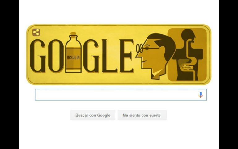 Google coloca la figura de perfil de Grant Banting y en tonalidades color mostaza intercala su nombre entre un frasco de la insulina. ESPECIAL / google.com.mx