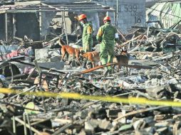 Personal del Ejército realiza labores de búsqueda con perros entrenados en la zona donde se registró la explosión de Tultepec. EFE /