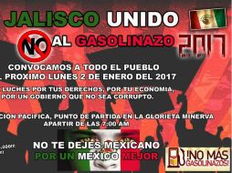 Imagen de una de las convocatorias publicadas en redes sociales. FACEBOOK / Movilización contra el gasolinazo GDL