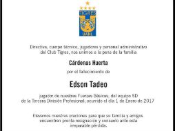 El club no especificó las causas del deceso del joven jugador. TWITTER / @TigresOficial