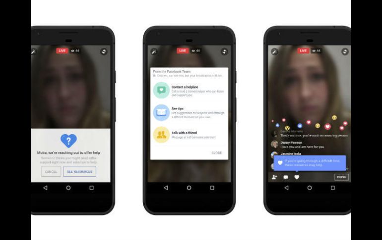 Si la app capta a alguien haciéndose daño, aparecerán en su pantalla los medios para comunicarse con una línea telefónica de ayuda. ESPECIAL / Facebook