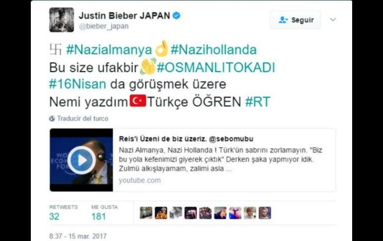 La cuenta en japonés de Justin Bieber resultó afectada con los mensajes. TWITTER / @bieber_japan