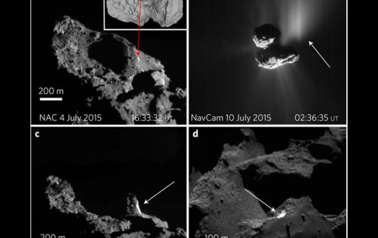 La cámara de navegación de Rosetta pudo capturar una de estas explosiones el 10 de julio de 2015. ESPECIAL / www.nature.com
