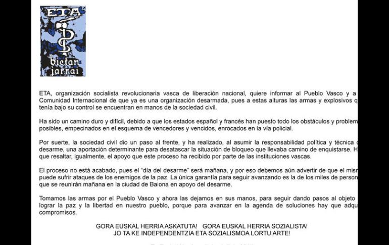 El documento firmado con el sello de ETA afirma que el desarme se realizará el sábado. EFE / ESPECIAL