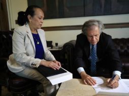 La embajadora interina, Carmen Velásquez entrega la solicitud a Luis Almagro. AP / M. Balce