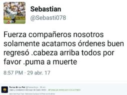 Verón escribió que ‘sólo acataban órdenes y que sus compañeros debían mantener la cabeza en alto’, mensaje que luego borró. TWITTER / @PumasGoyo
