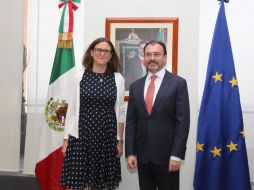 Cecilia Malmström, comisaria de Comercio de la Comisión Europea y el titular de la SRE, Luis Videgaray. TWITTER / @SRE_mx