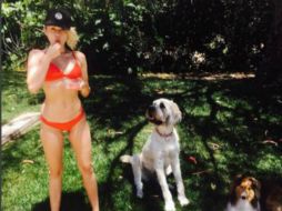 En la imagen aparece con gorra y comiendo fruta, a su lado aparecen sus dos cachorros. INSTAGRAM / mileycyrus
