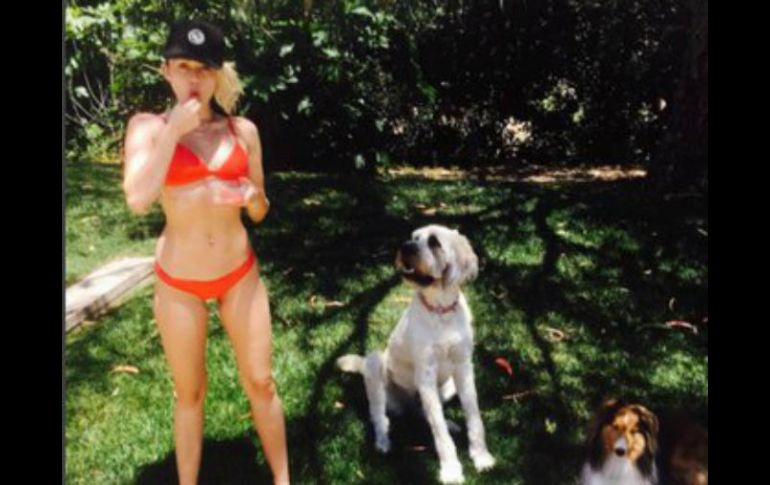 En la imagen aparece con gorra y comiendo fruta, a su lado aparecen sus dos cachorros. INSTAGRAM / mileycyrus