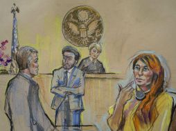 Boceto en donde aparecen el fiscal del estado, el abogado defensor, la juez federal y la exdiputada Lucero Sánchez. EFE / K. Johnson
